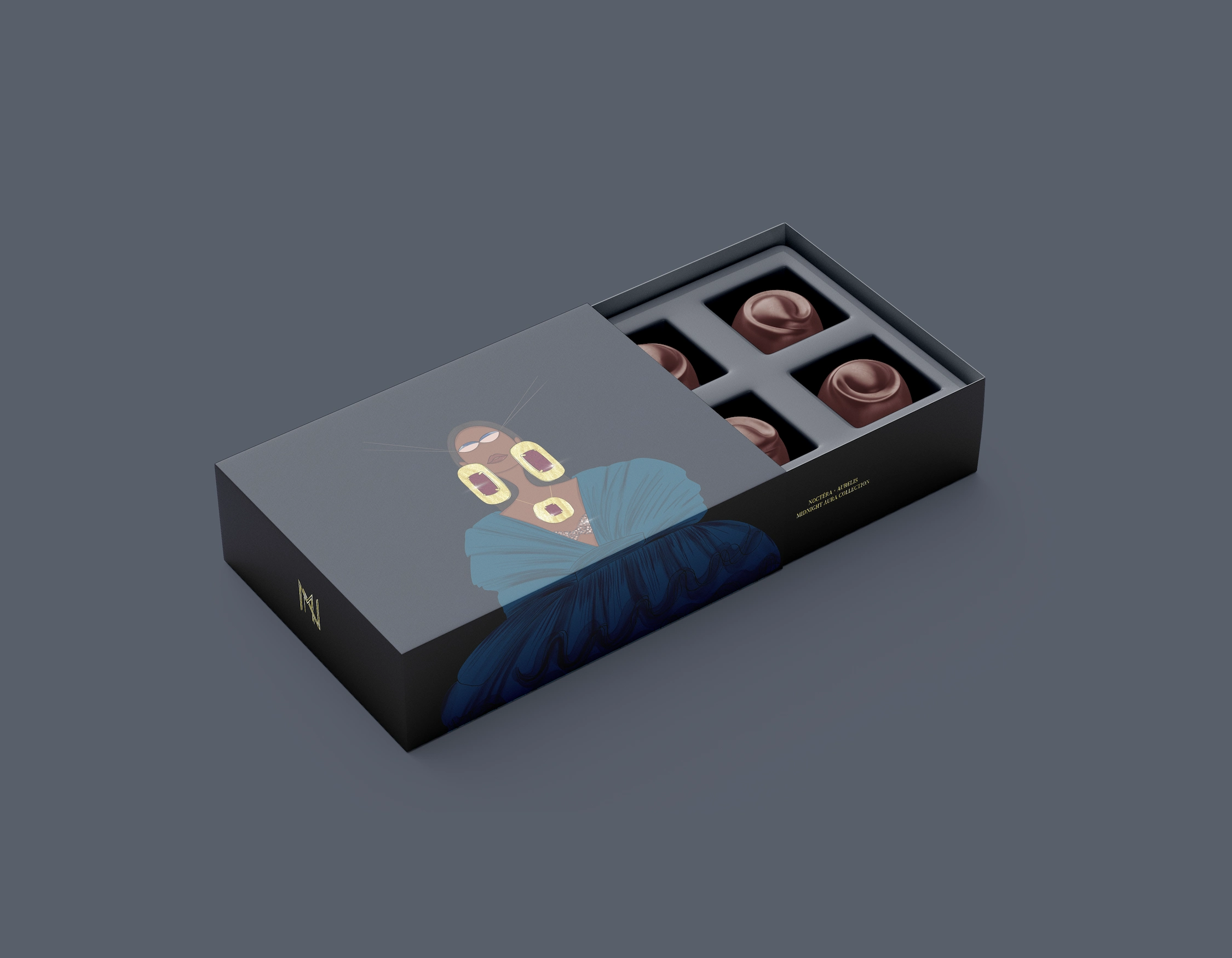 Noctéra × Aurelis Midnight Aura chocolate box mockup