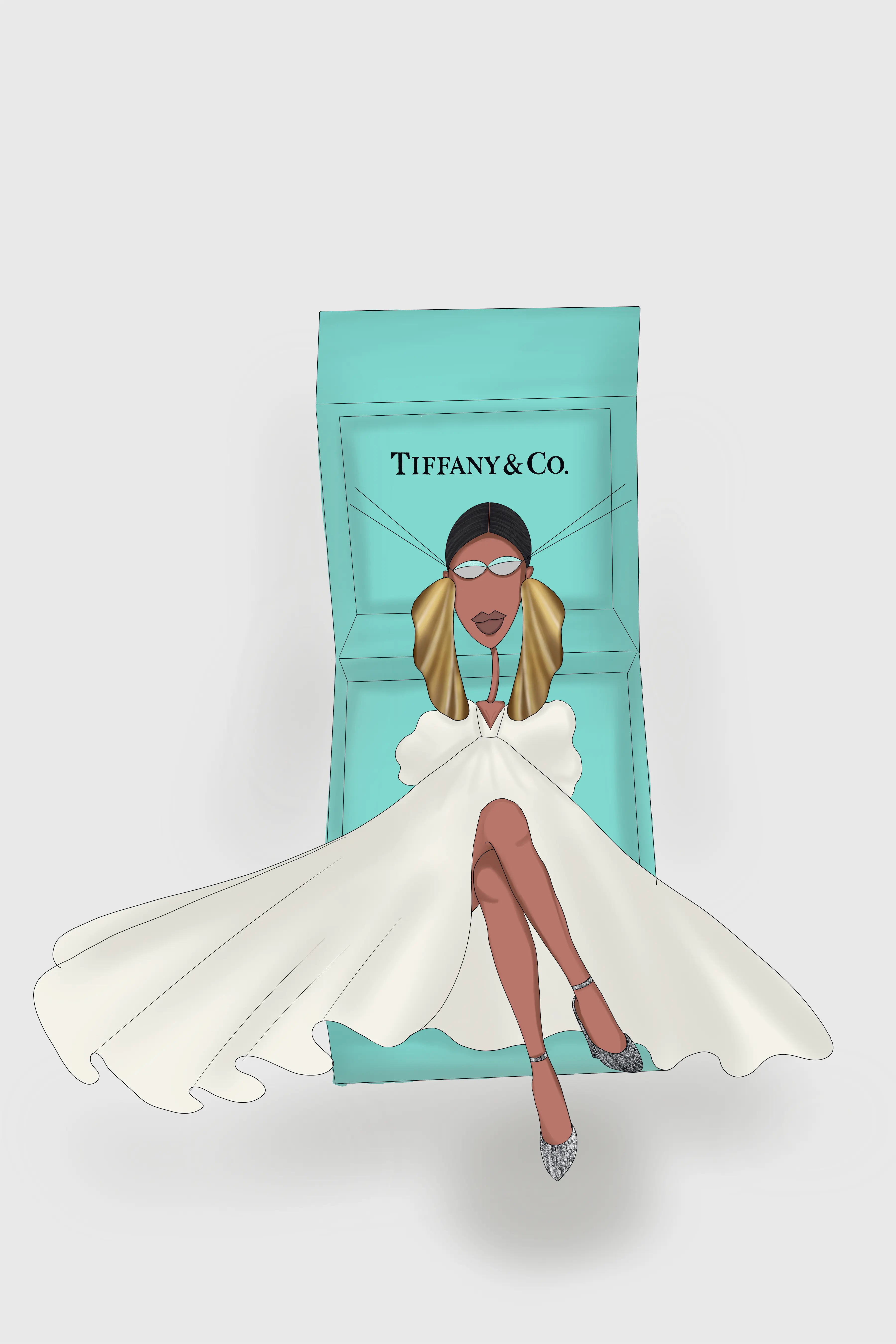 Illustration of a model in a white dress seated on a Tiffany & Co. gift box wearing gold earrings