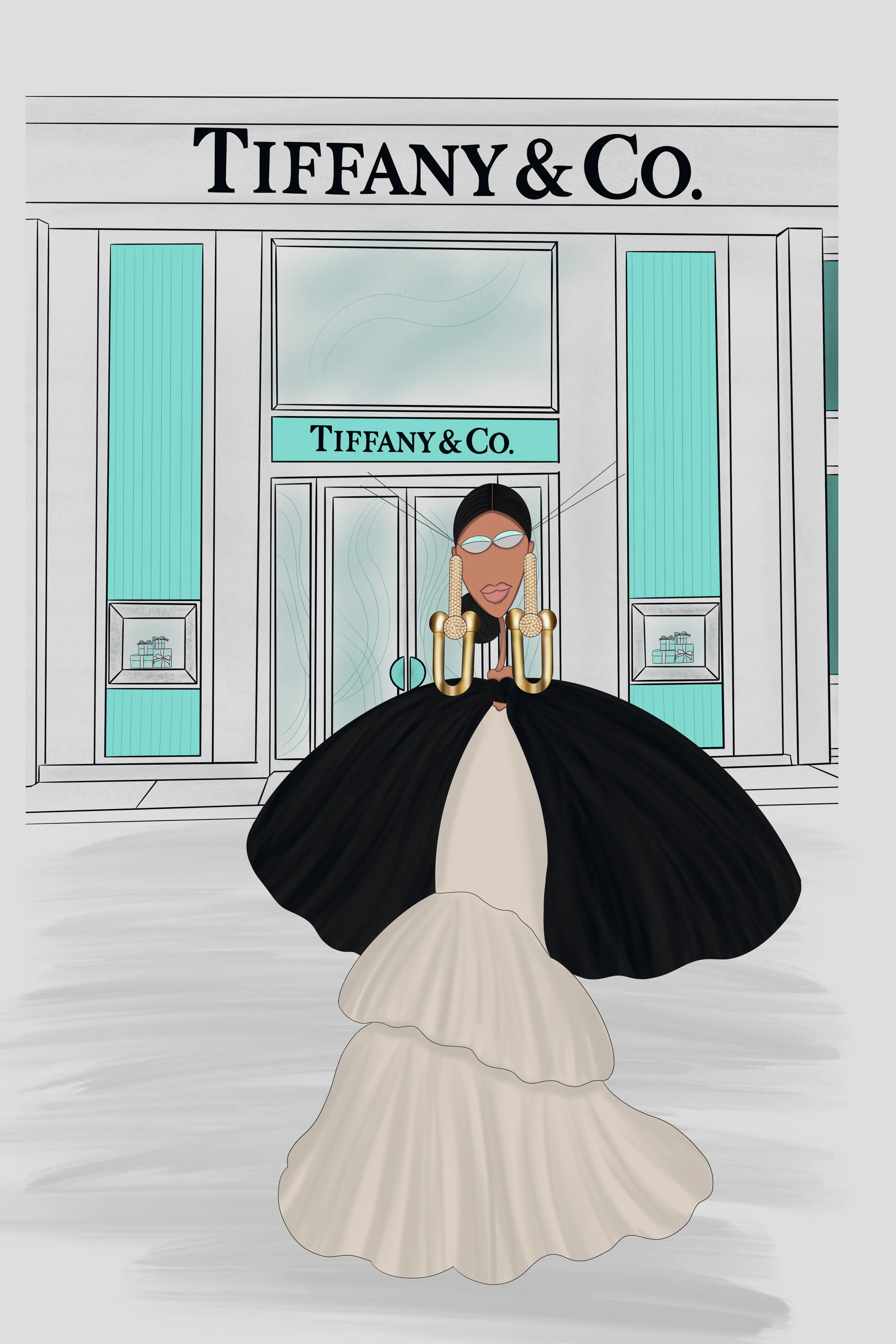 Illustration of a model wearing Tiffany & Co. earrings in front of a store facade