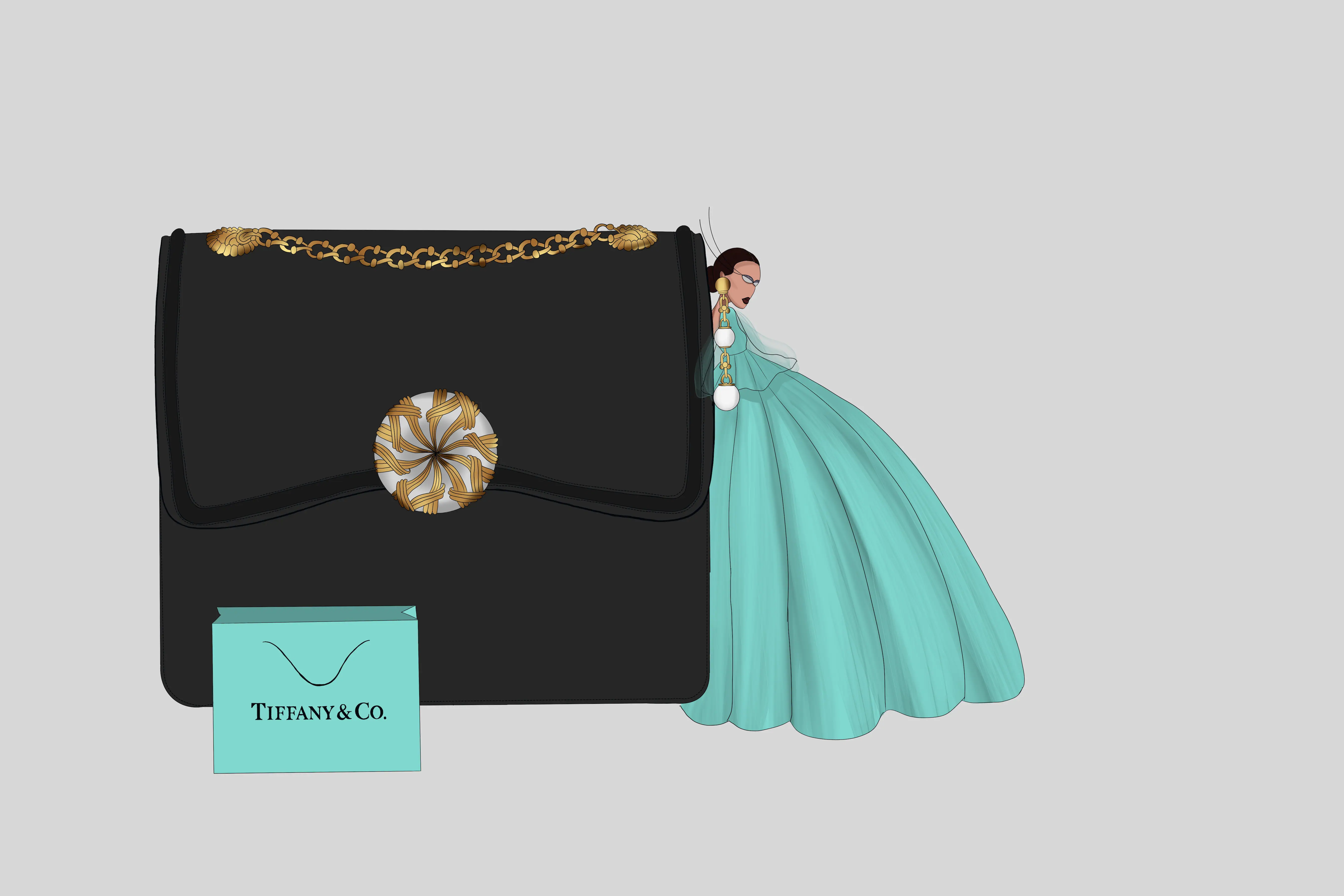 Illustration of a model beside a Tiffany & Co. bag with jewelry details on a dark background